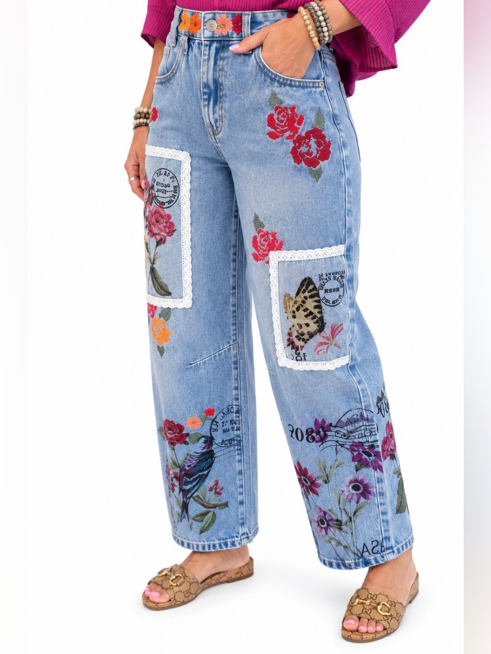 #1912 Oli & Hali Postage Print Barrel Jeans - Picture 2 of 2